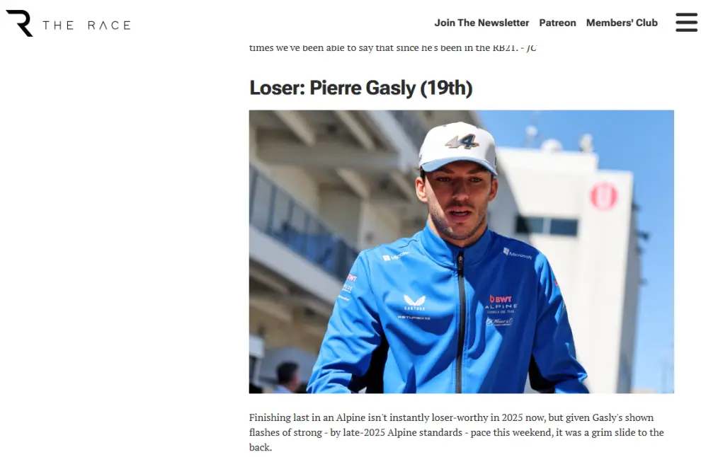Pierre Gasly "perdedor" para el prestigioso medio The Race