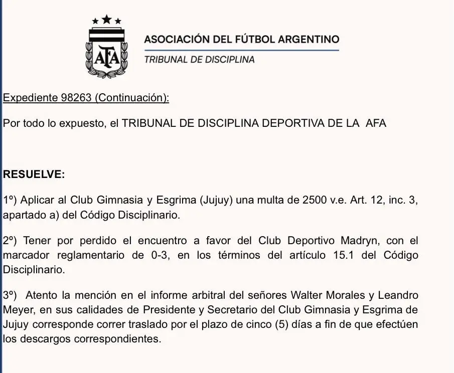 El comunicado del Tribunal de Disciplina.
