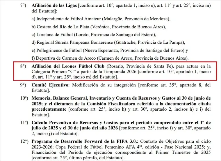El Boletín de AFA que anunciaba que Leones FC sería afiliado directamente para jugar la Primera C.