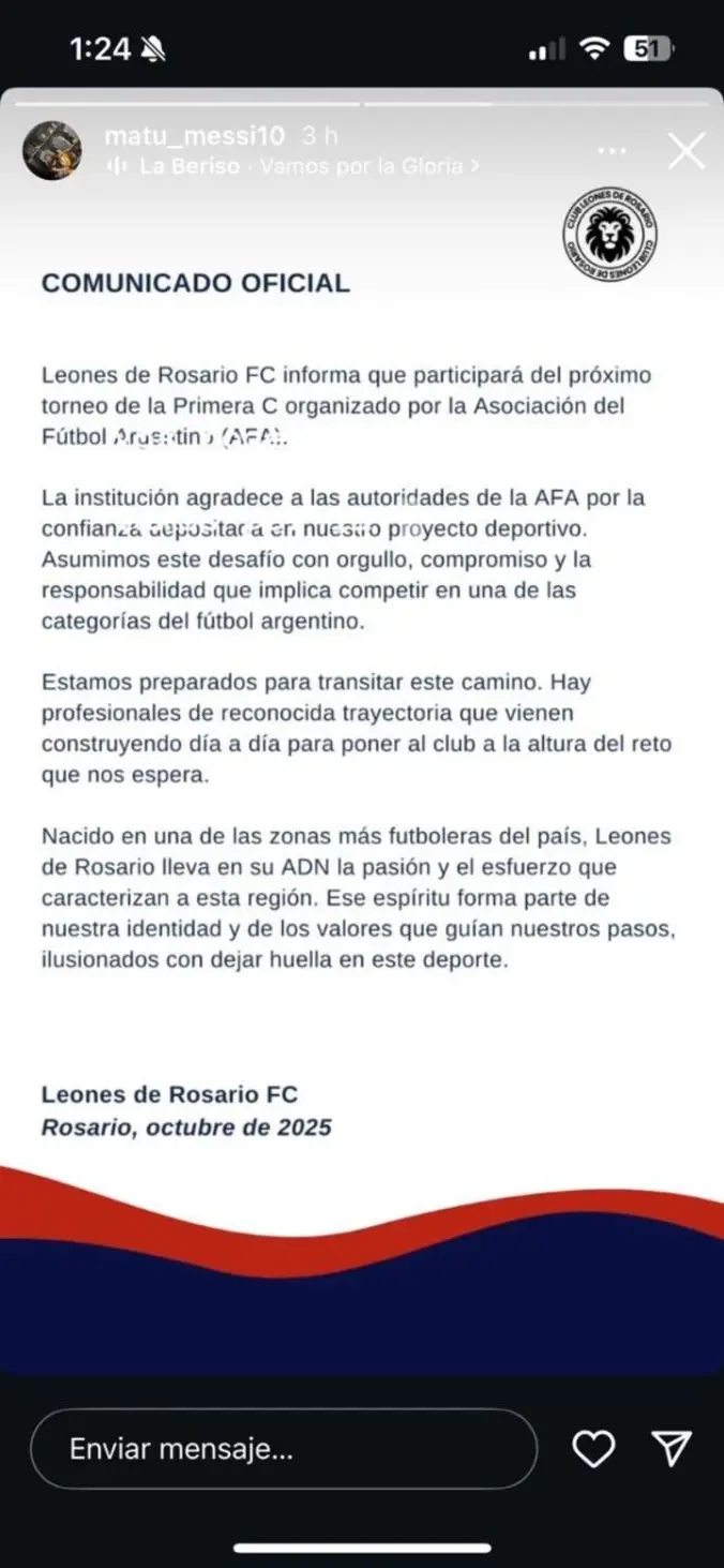 El agradecimiento a la AFA del club de los Messi.