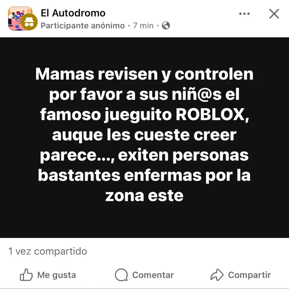 Grupo de Facebook alertando anoche sobre la plataforma