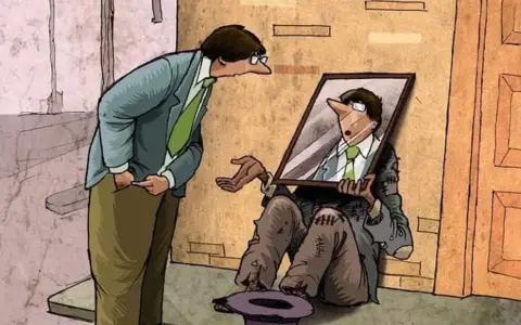 Ilustración irónica del "síndrome de clase media" y la autopercepción social.