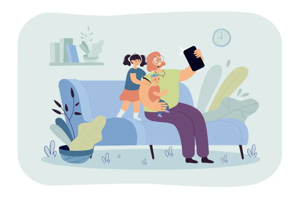 12699841_smiling mother taking selfie with children on phone