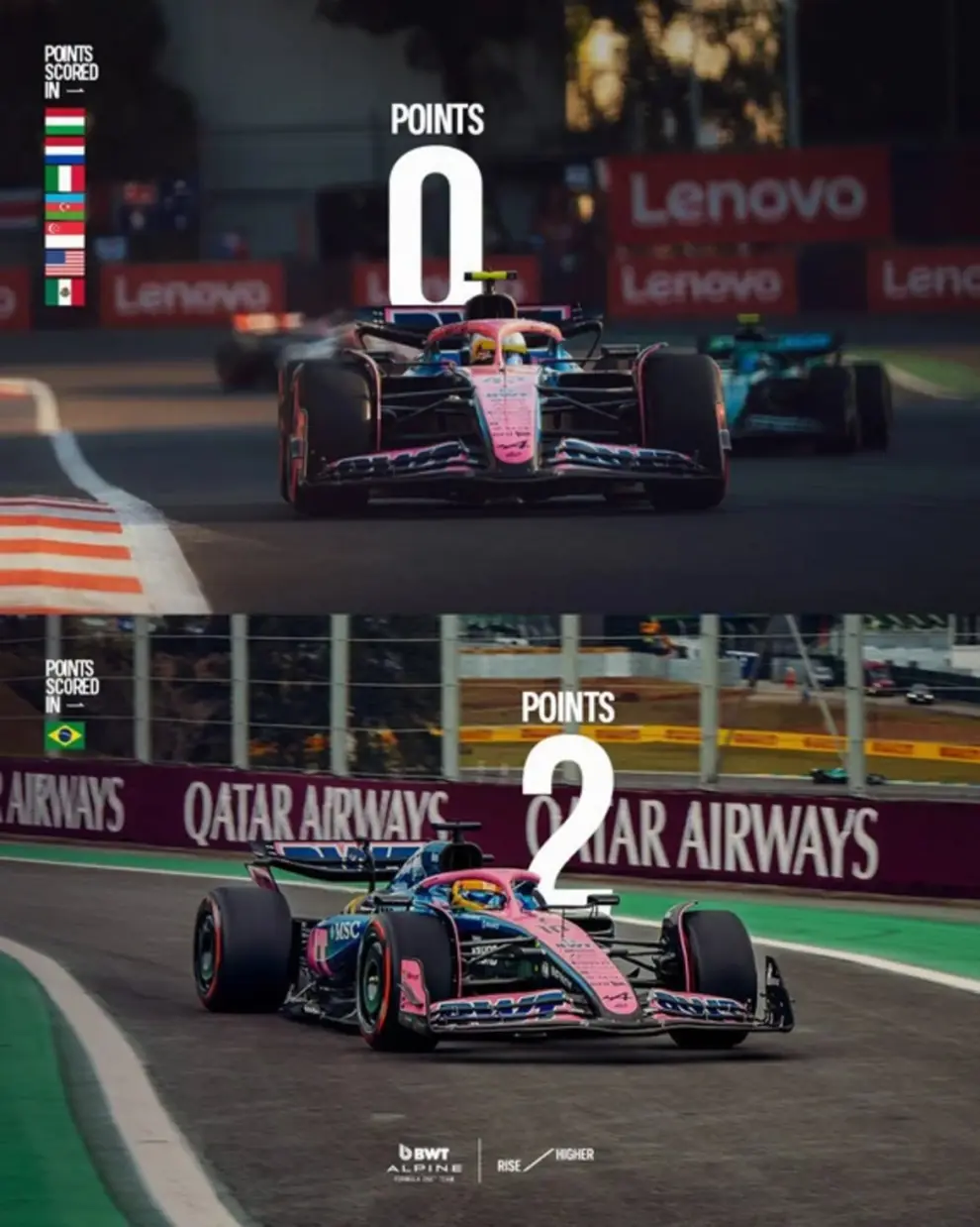 La imagen subida por Alpine a las redes que desató la polémica. Arriba el monoplaza de Colapinto y abajo Gasly con los puntos obtenidos en Brasil