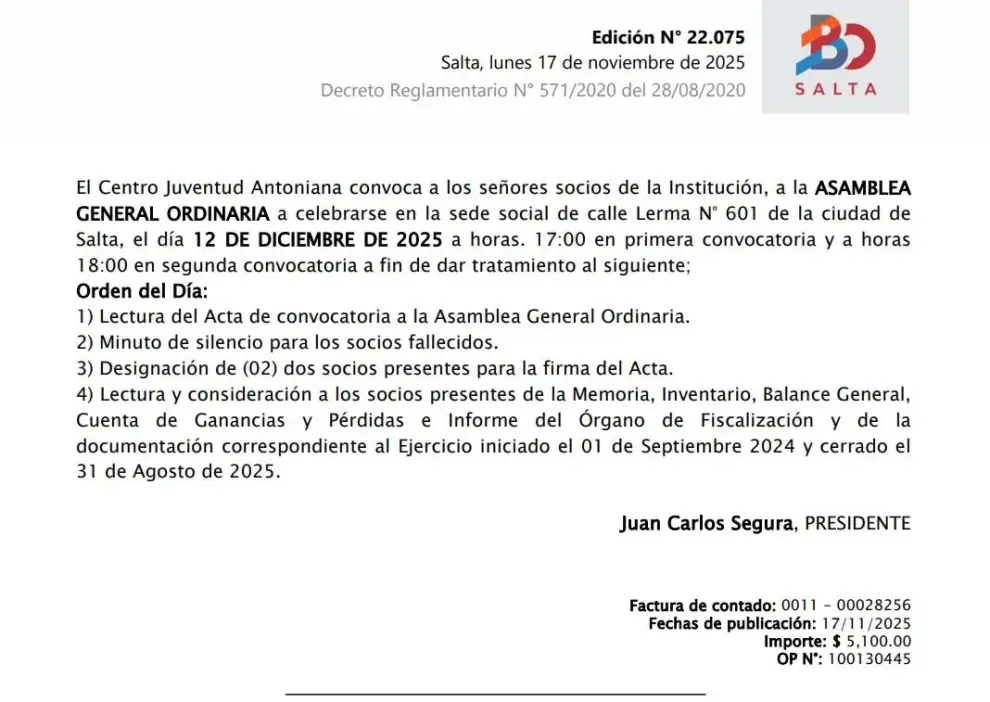La publicación del llamado a Asamblea en el Boletín Oficial de la Provincia.