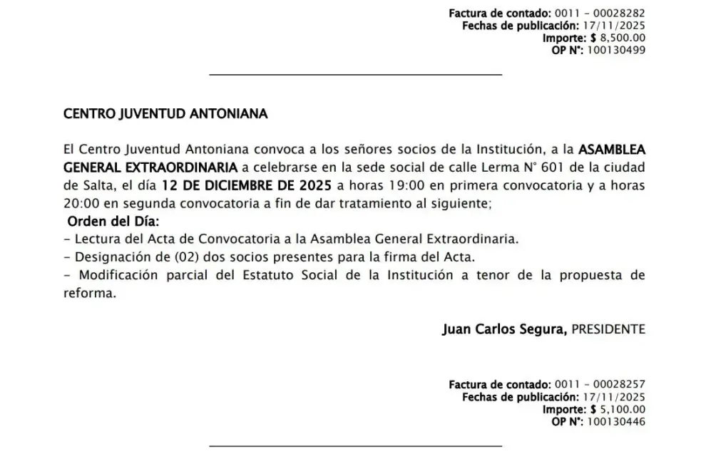 El llamado a Asamblea Extraordinaria.