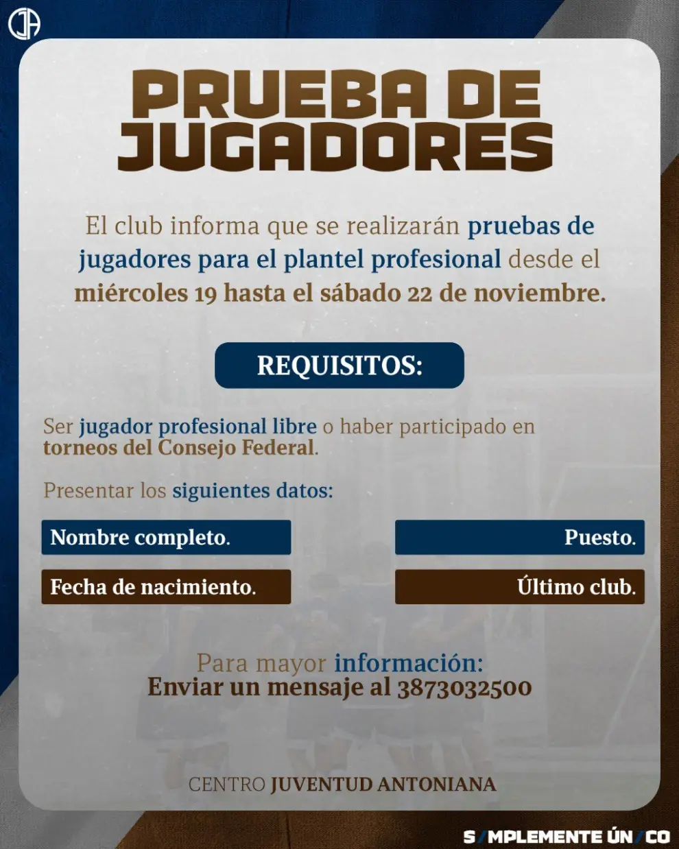El anuncio de la prueba de jugadores en Juventud Antoniana.