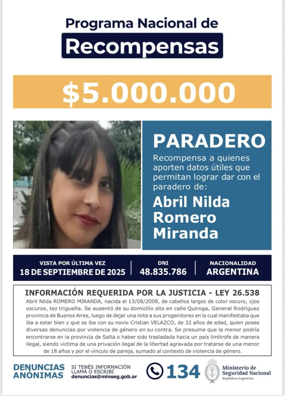 Ofrecen recompensa para dar con el paradero de Abril