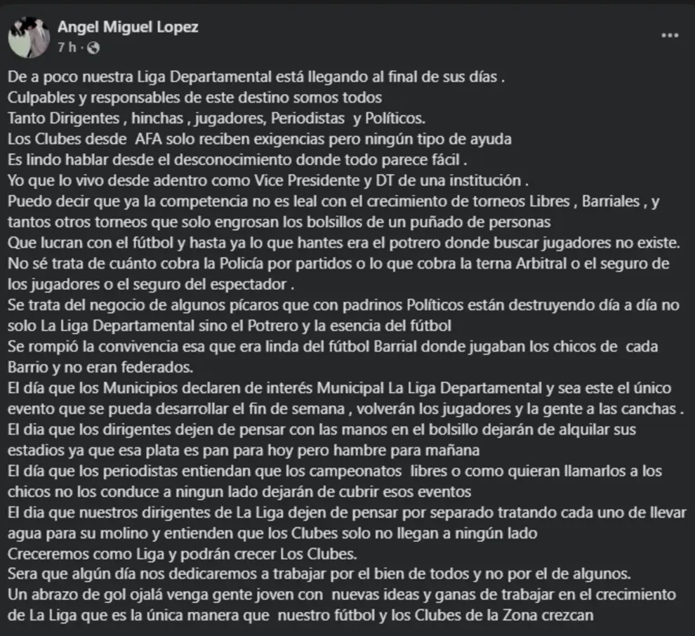 El posteo de Ángel López en Facebook
