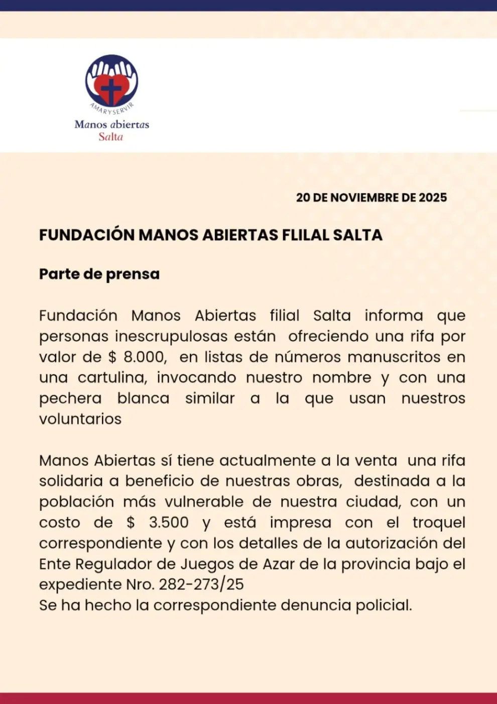 Comunicado oficial de Manos Abiertas Salta.
