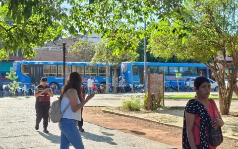Las unidades de la empresa Gauchito Gil apostados frente a la Municipalidad de Orán, en la plaza General Pizarro