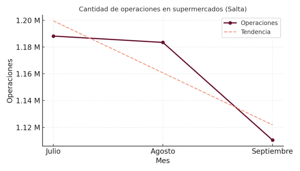 Las operaciones en supermercados de Salta cayeron de forma sostenida entre julio y septiembre, con 77 mil compras menos en el trimestre.