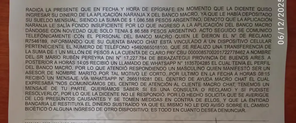 La denuncia efectuada por Aramayo
