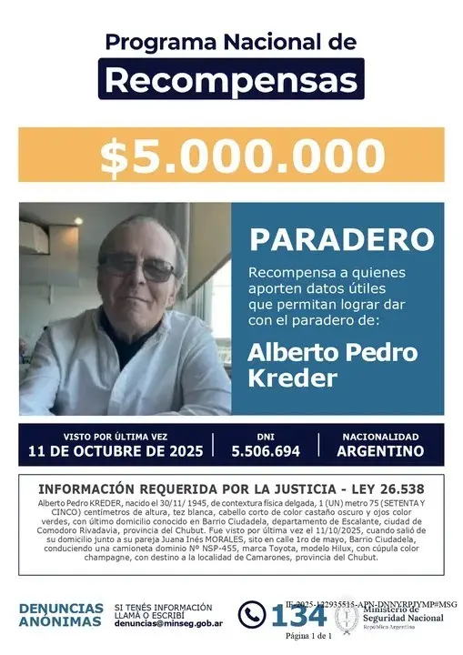 Alberto pedro Kreder fue visto por última vez el 11 de octubre