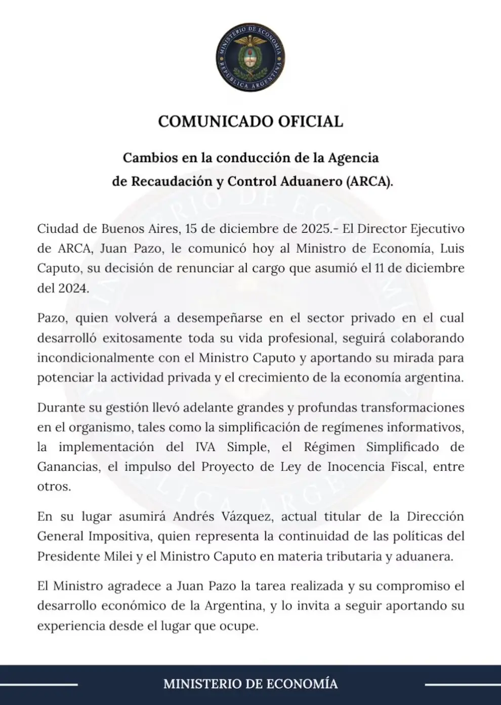 Oficializaron cambios en la conducción de la Agencia de Recaudación y Control Aduanero (ARCA)