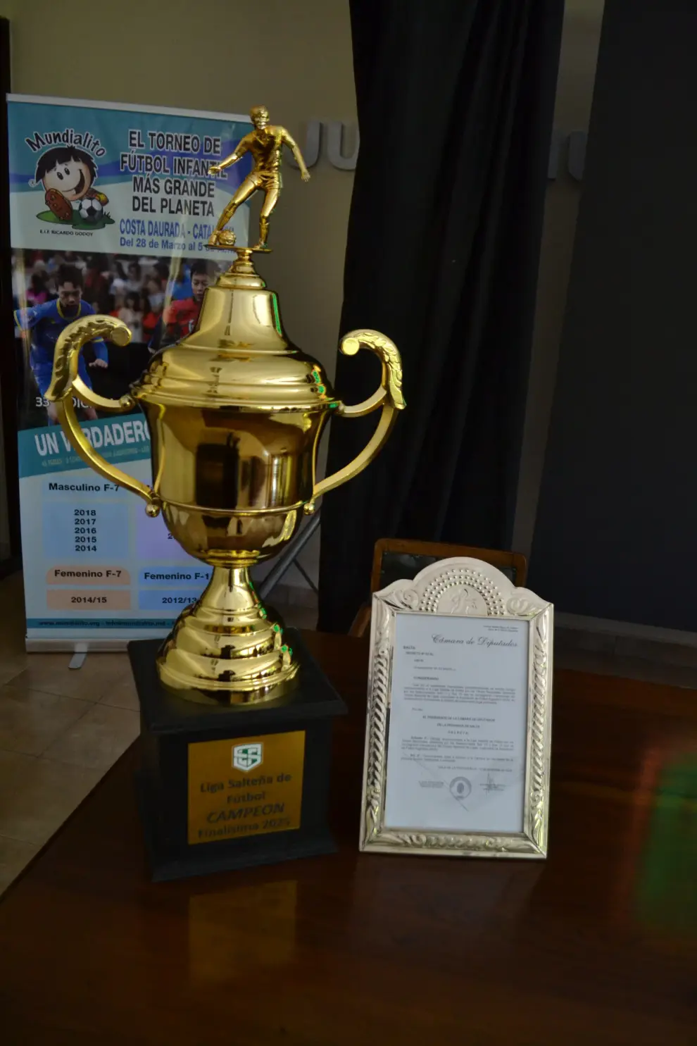 El trofeo para el campeón de la finalísima junto a la distinción de la Cámara de Diputados para la selección salteña juvenil