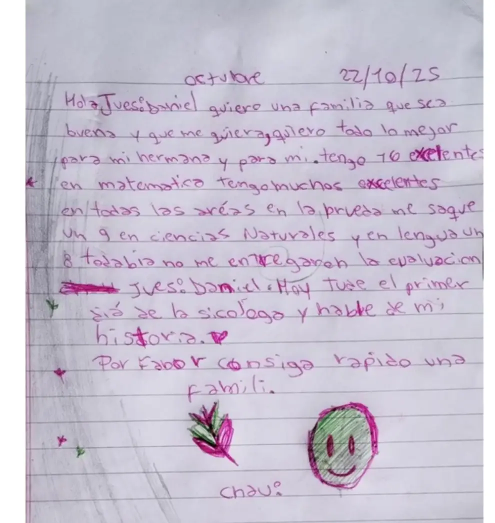 Carta de una de las hermanitas que piden ser adoptadas
