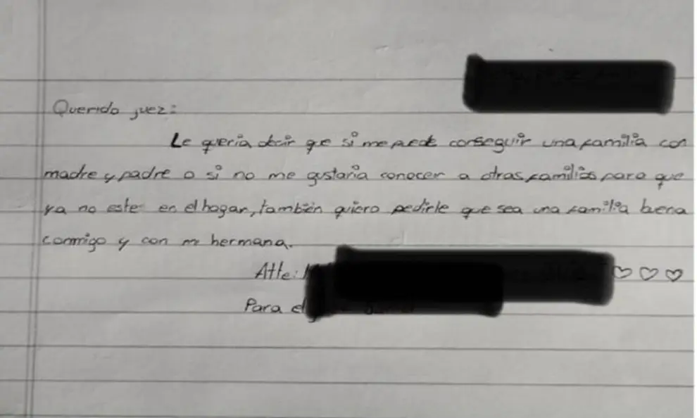 Carta de una de las hermanitas que pide ser adoptada