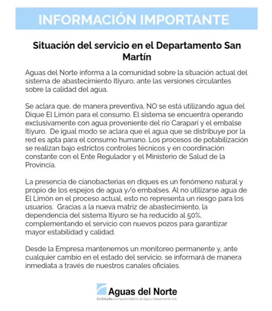 Comunicado de Aguas del Norte