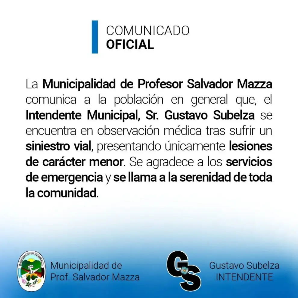 Comunicado emitido por la municipalidad de Salvador Mazza