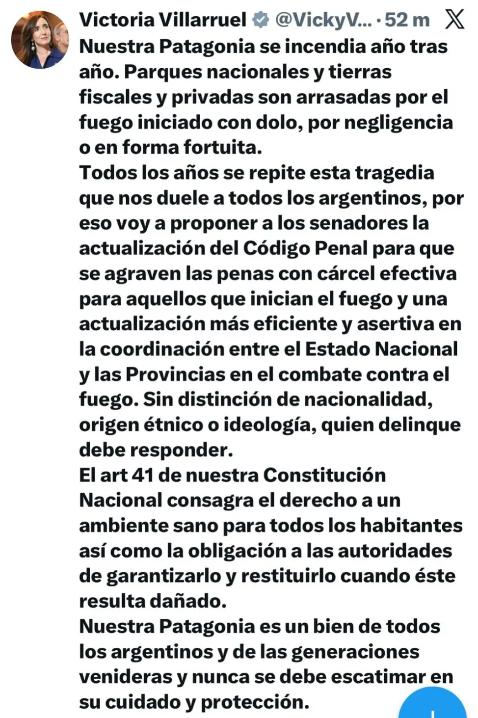 La vicepresidenta publicó un mensaje en sus redes sociales en alusión al fuego que golpea la Patagonia Argentina