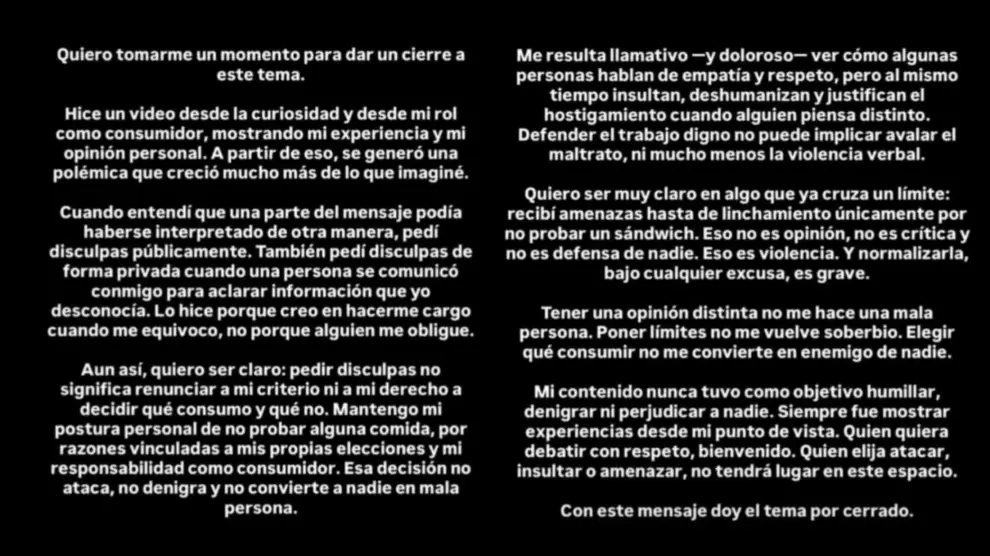 Las disculpas publicadas tras el incidente de la mila de mil pesos