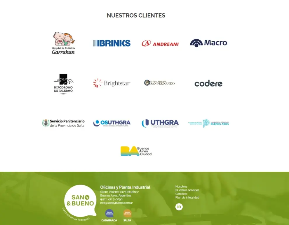 Captura de la página oficial de la empresa Sano y Bueno Catering SA.