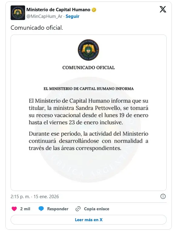 Comunicado oficial del Ministerio de Capital Humano
