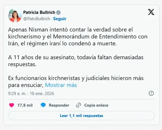 X de la senadora Nacional Patricia Bullrich
