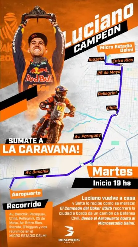 Así será el recorrido de la caravana de Luciano Benavides en su llegada a Salta.