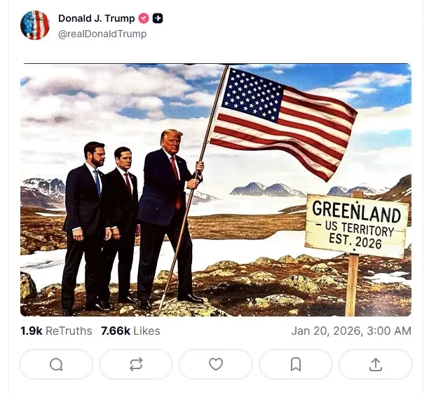 Trump publica una imagen suya con la bandera estadounidense en Groenlandia