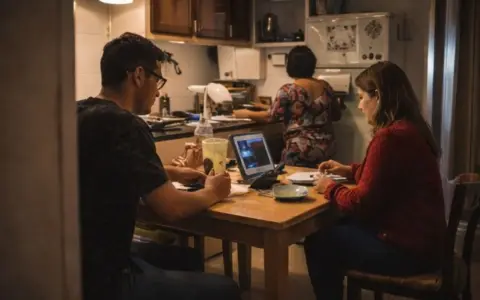 Una situación cotidiana de una madre conviviendo con dos de sus hijos (IA)