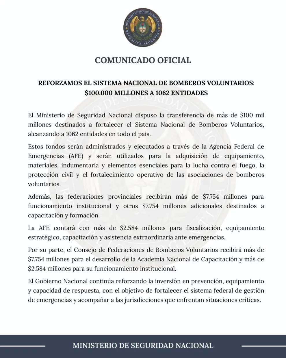 Comunicado de Presidencia de la Nación sobre la resolución