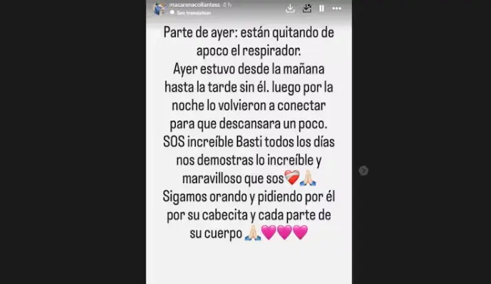 Macarena Collantes difundió detalles sobre el último parte médico de su hijo Bastián