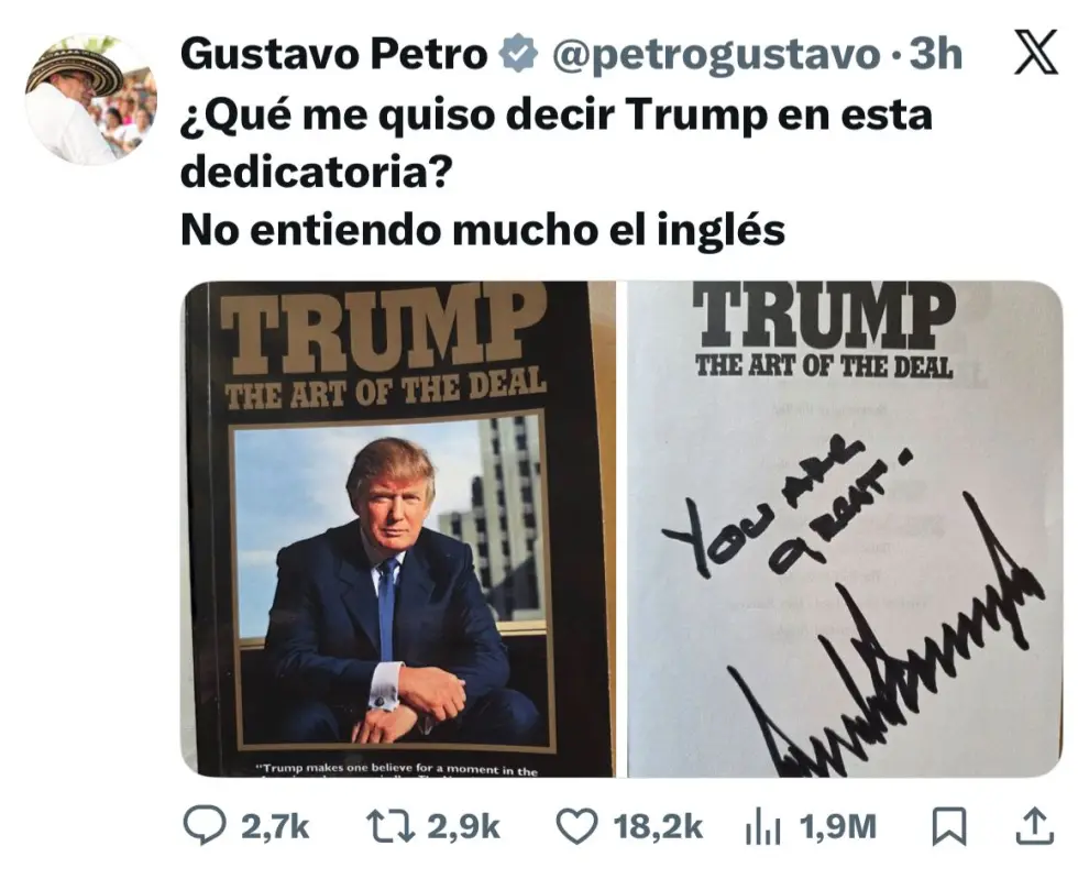 Petro posteó en X una foto de la dedicatoria de Trump