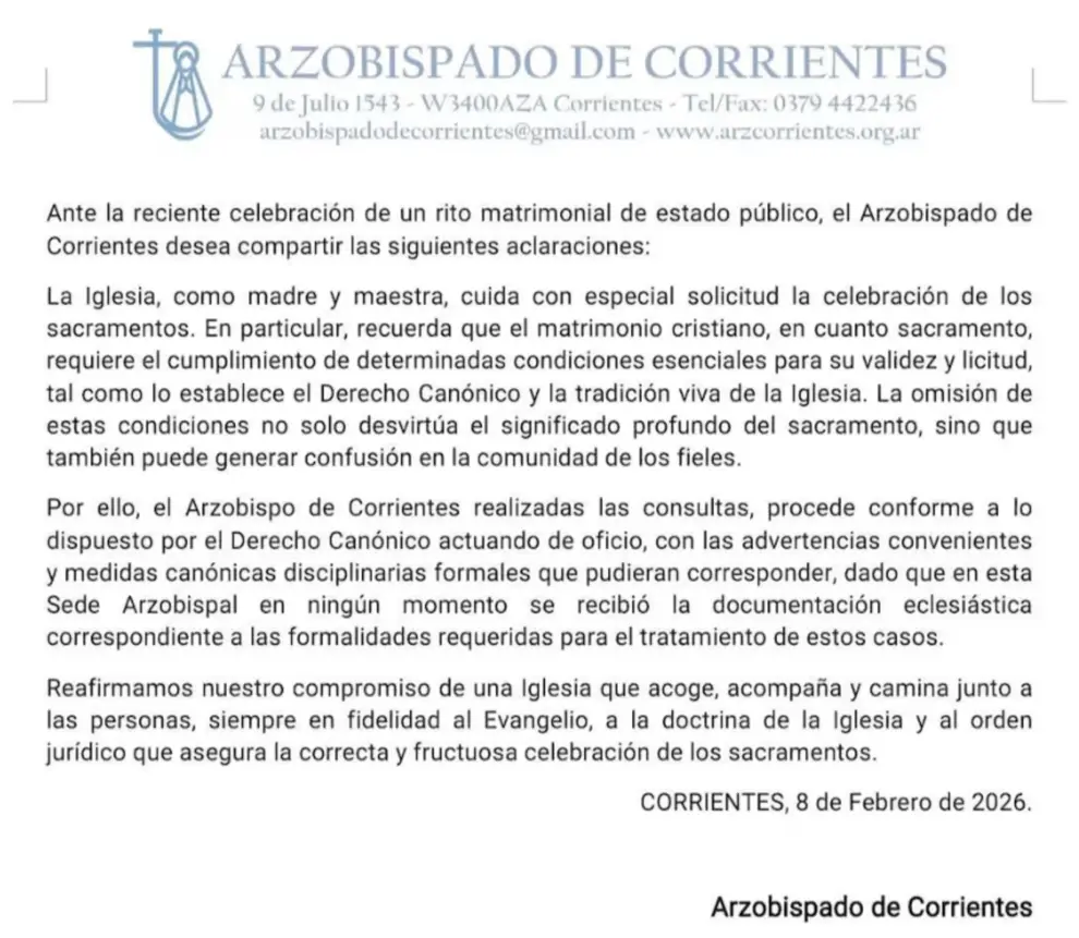 El comunicado del Arzobispado de Corrientes