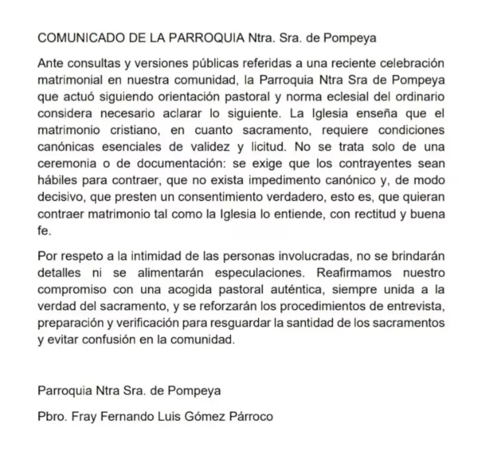 El comunicado de la parroquia