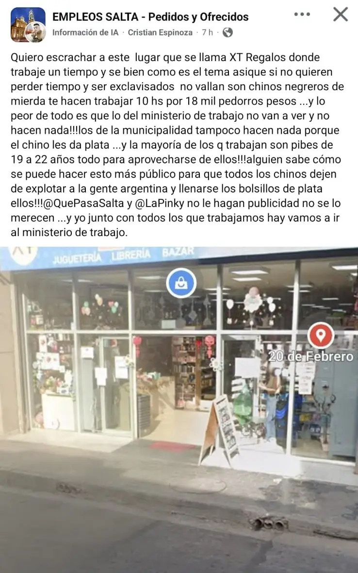 Post de la denuncia en la red Facebook