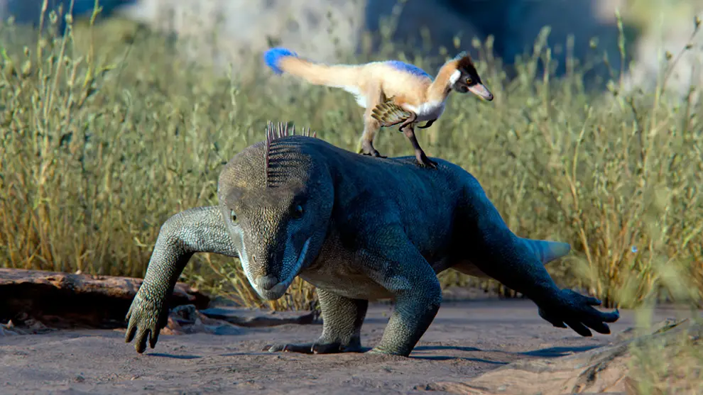 Alnashetri arriba de un Priosphenodon.