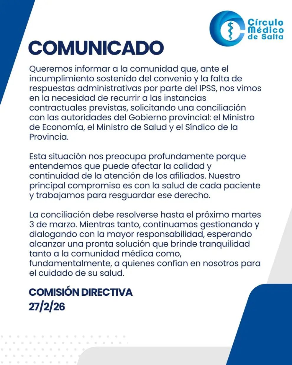 El comunicado del Circulo Médico de Salta