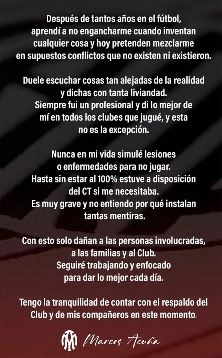 El posteo de Marcos "Huevo" Acuña.