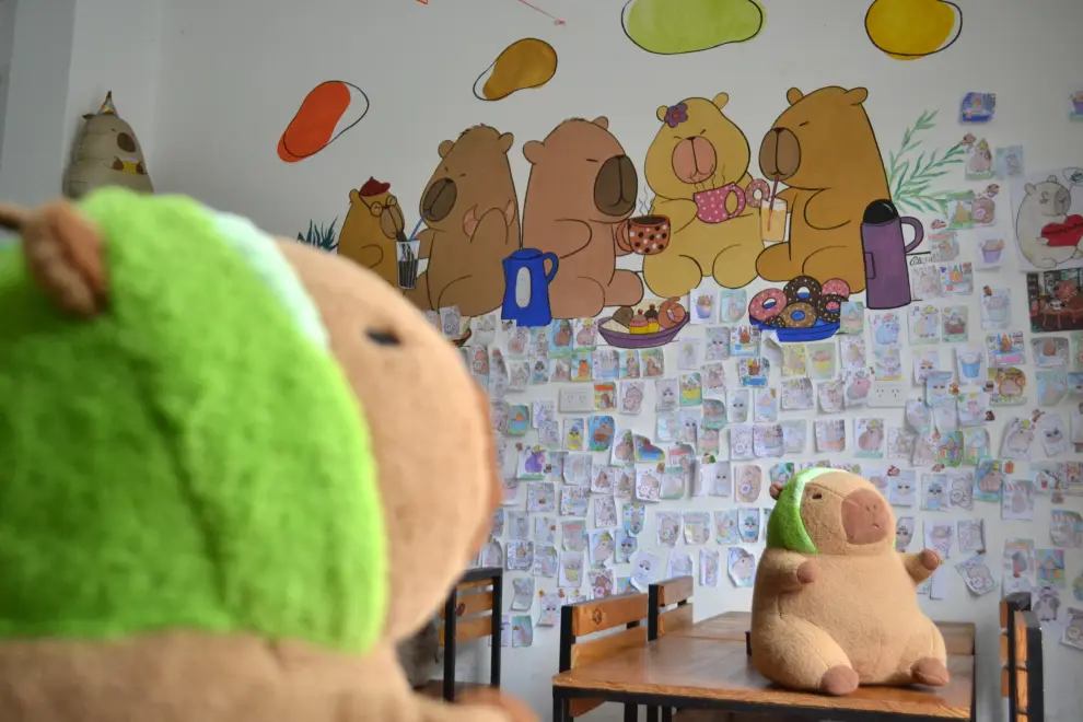 El mural lleno de dibujos y los peluches de carpinchos que acompañan cada merienda o desayuno