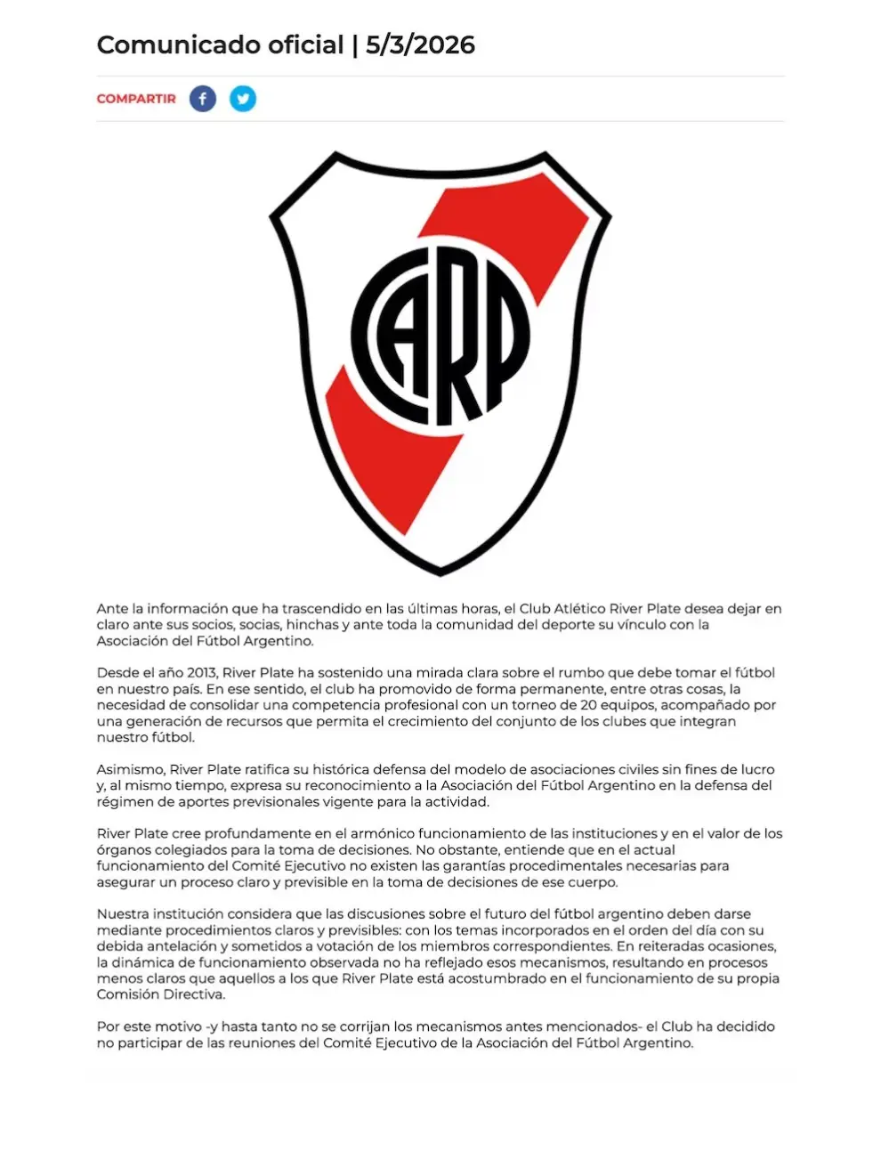 Comunicado completo de River