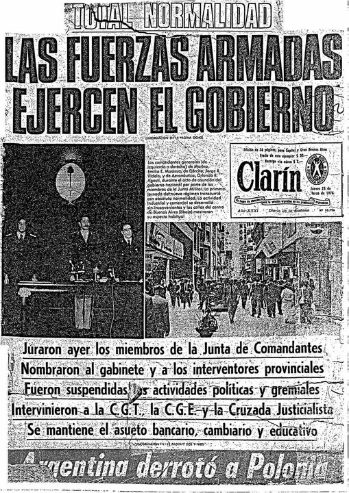 El anuncio del golpe militar en el destacado de la tapa del Diario Clarín, y abajo el triunfo argentino.