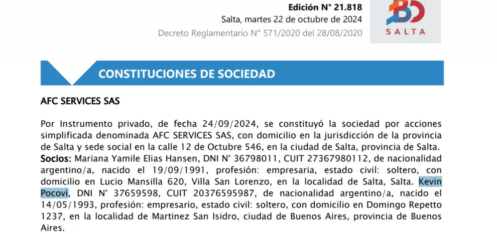 En septiembre del 2024 se constituye la sociedad AFC SERVICES S.A.S., con dos socios: Kevin Pocovi y Mariana Elías Hansen.