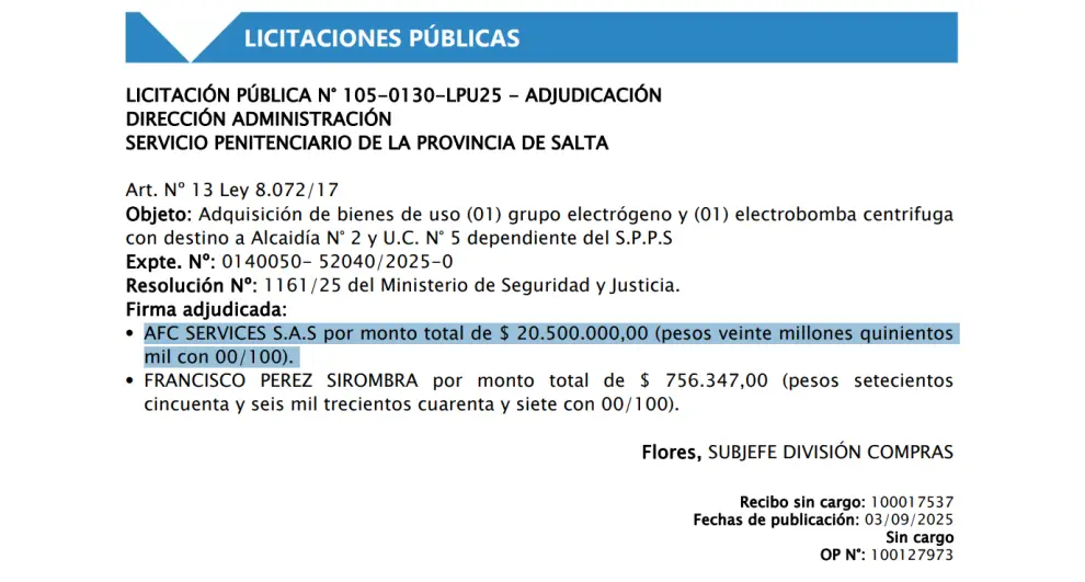 En septiembre del 2025 (hace seis meses y a solo un año de la constitución), la sociedad gana una licitación por más de $20 millones.