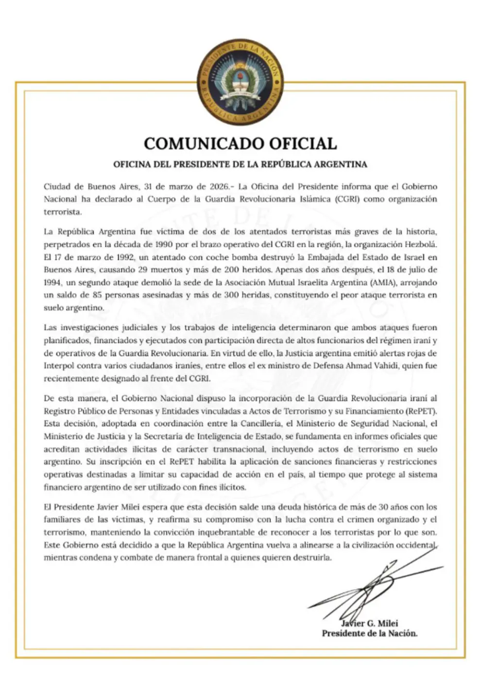 Comunicado de la Oficina del Presidente sobre la declaración de organización terrorista a la Guardia Revolucionaria Islámica