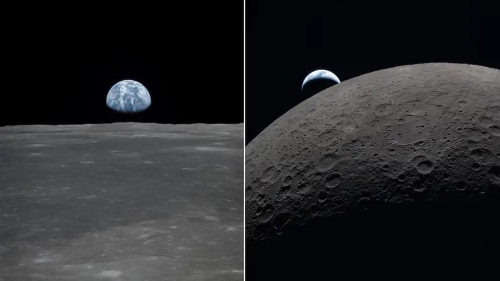 A la izquierda la luna fotografiada por la misión Apolo 11 en 1969_A la derecha la misma captura 2026