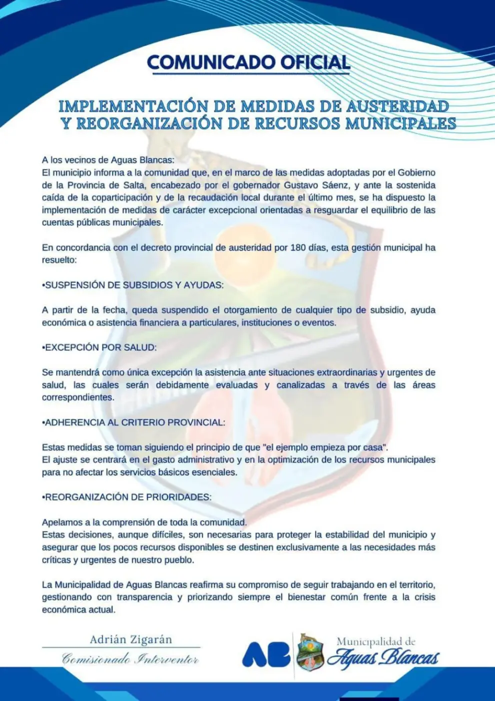 El comunicado de Aguas Blancas