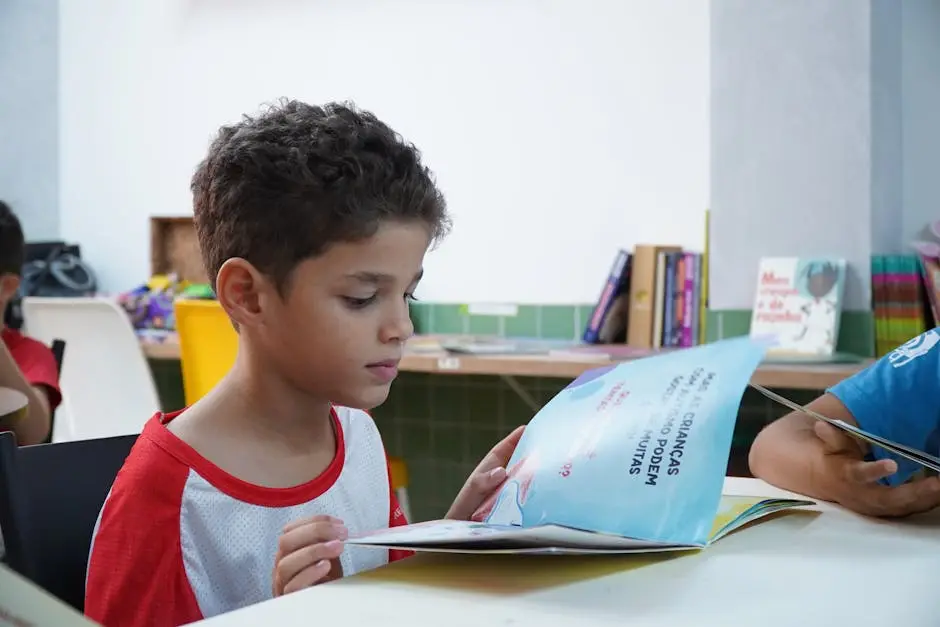 Un niño pequeño absorto en la lectura de un libro en un entorno de aula, promoviendo la alfabetización infantil.